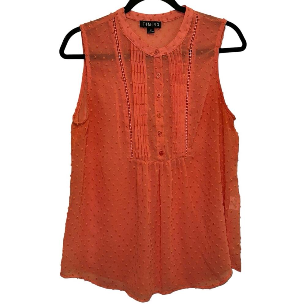 Timing Coral Swiss Dot Sleeveless Blouse Medium Sheer Pintuck Boho Top